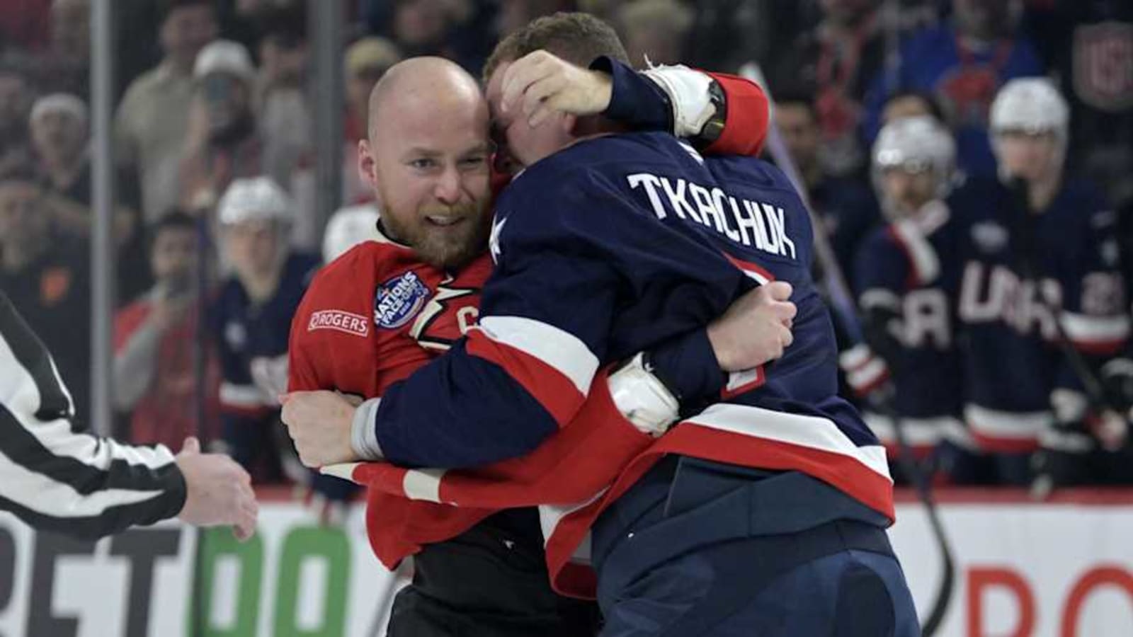 UFC legend introduces Team Canada, 4 Nations hockey game vs. USA opens with 3 fights