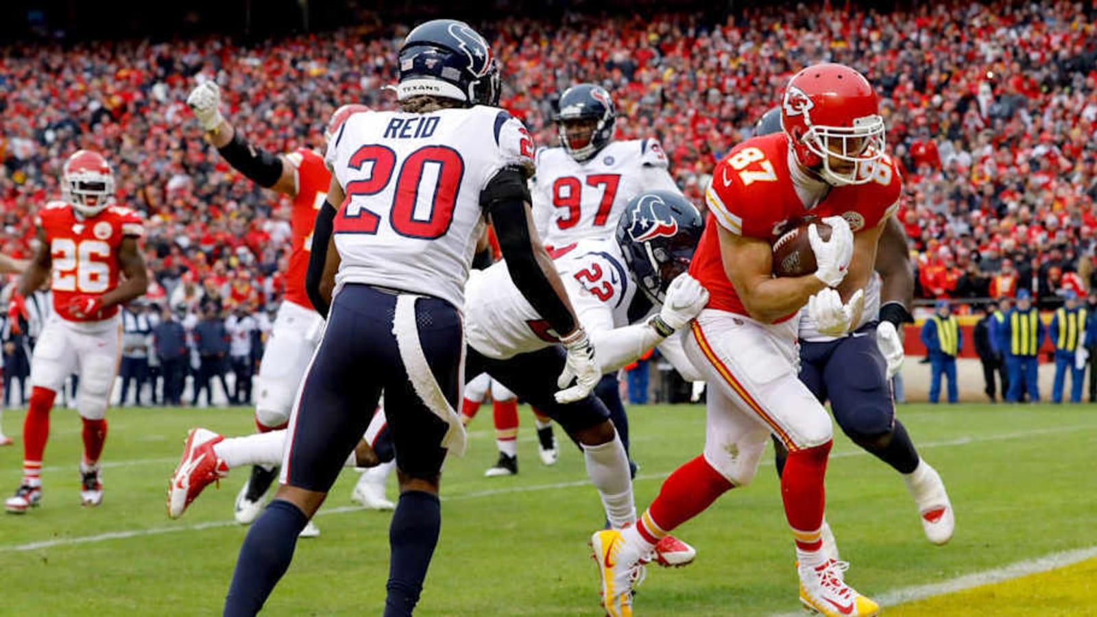 Who are the announcers and referees for Chiefs vs. Texans today?