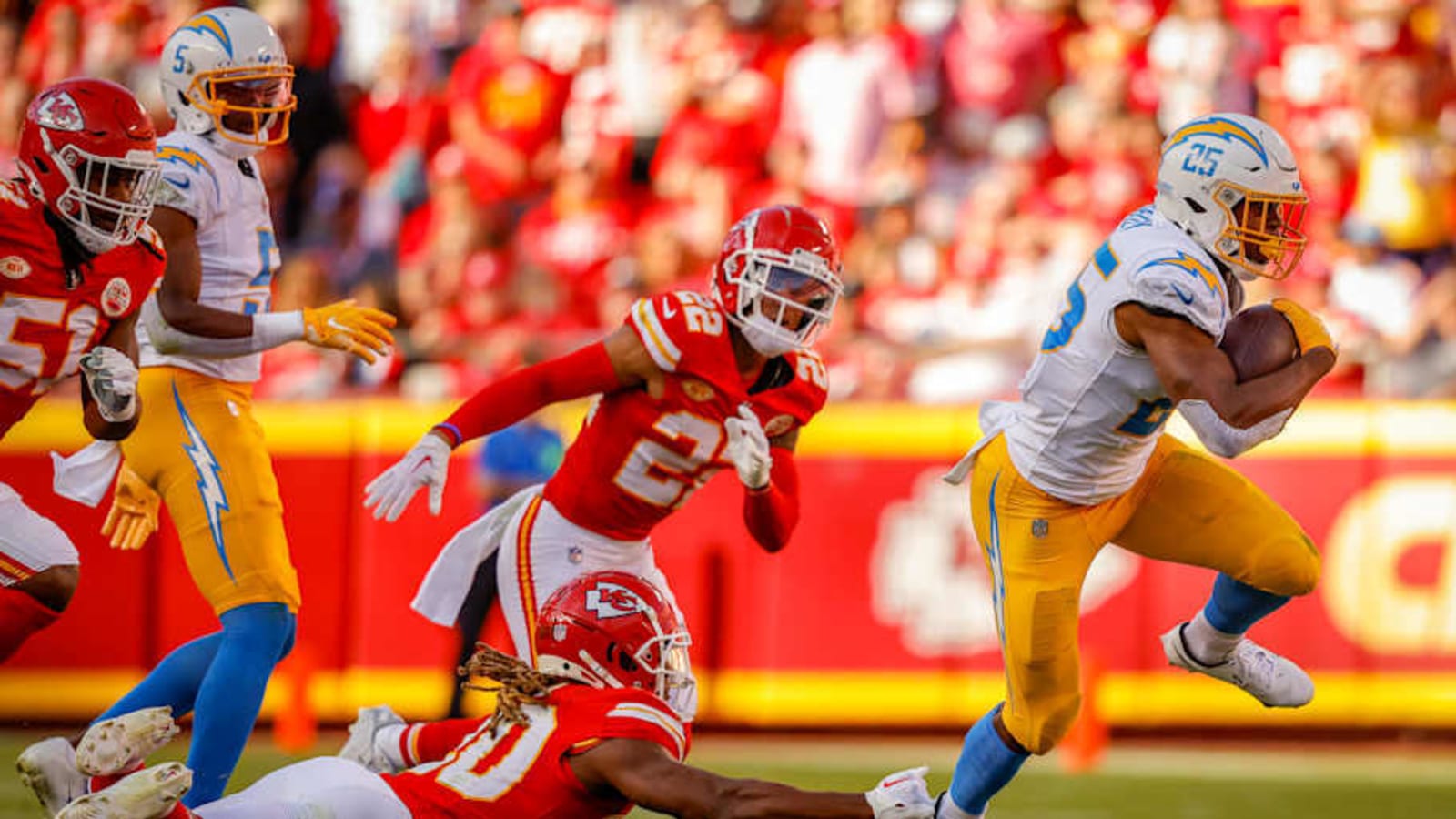 Who are the announcers and referees for Chiefs vs. Chargers today?
