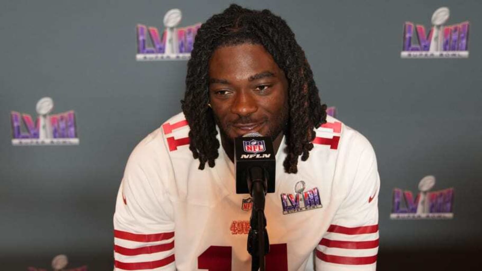 Brandon Aiyuk Watches Practice While Wearing 49ers Gear