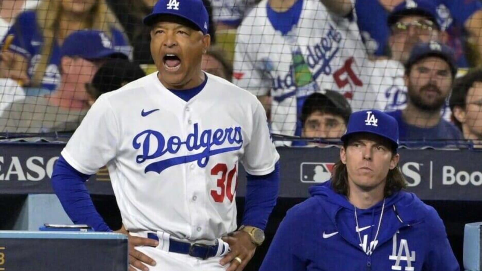 Los Angeles Dodgers manager Dave Roberts reacts as Kansas City