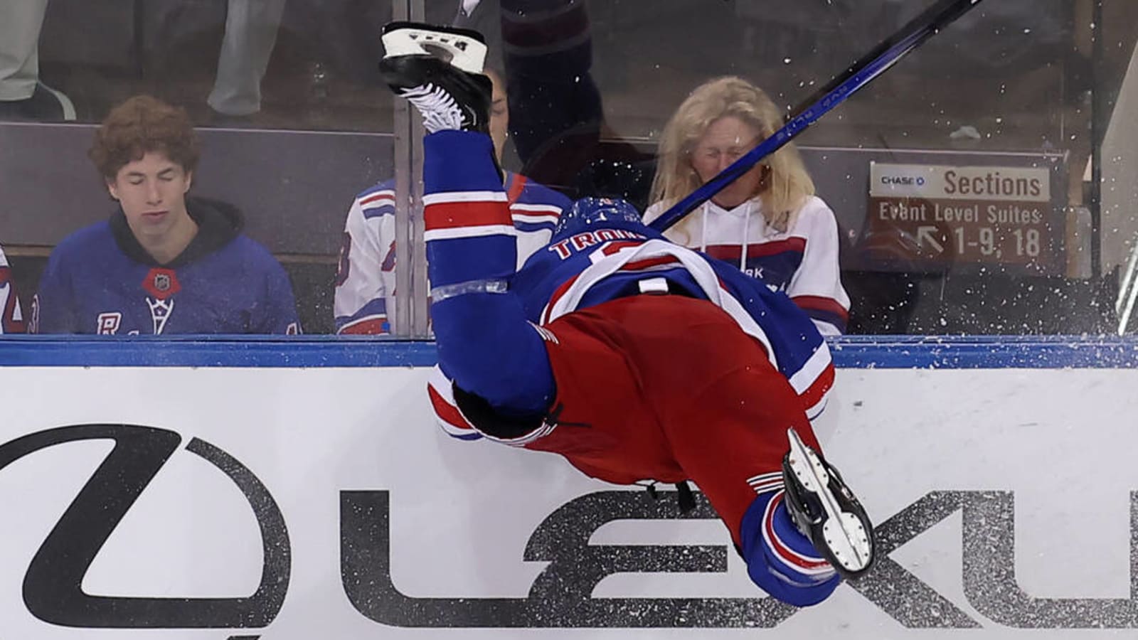Watch: Rangers defenseman goes flying into boards during Game 2