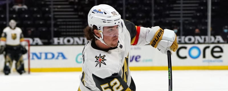 Vegas Golden Knights defenseman Dylan Coghlan (52) congratulates center Nolan  Patrick (41) afte …