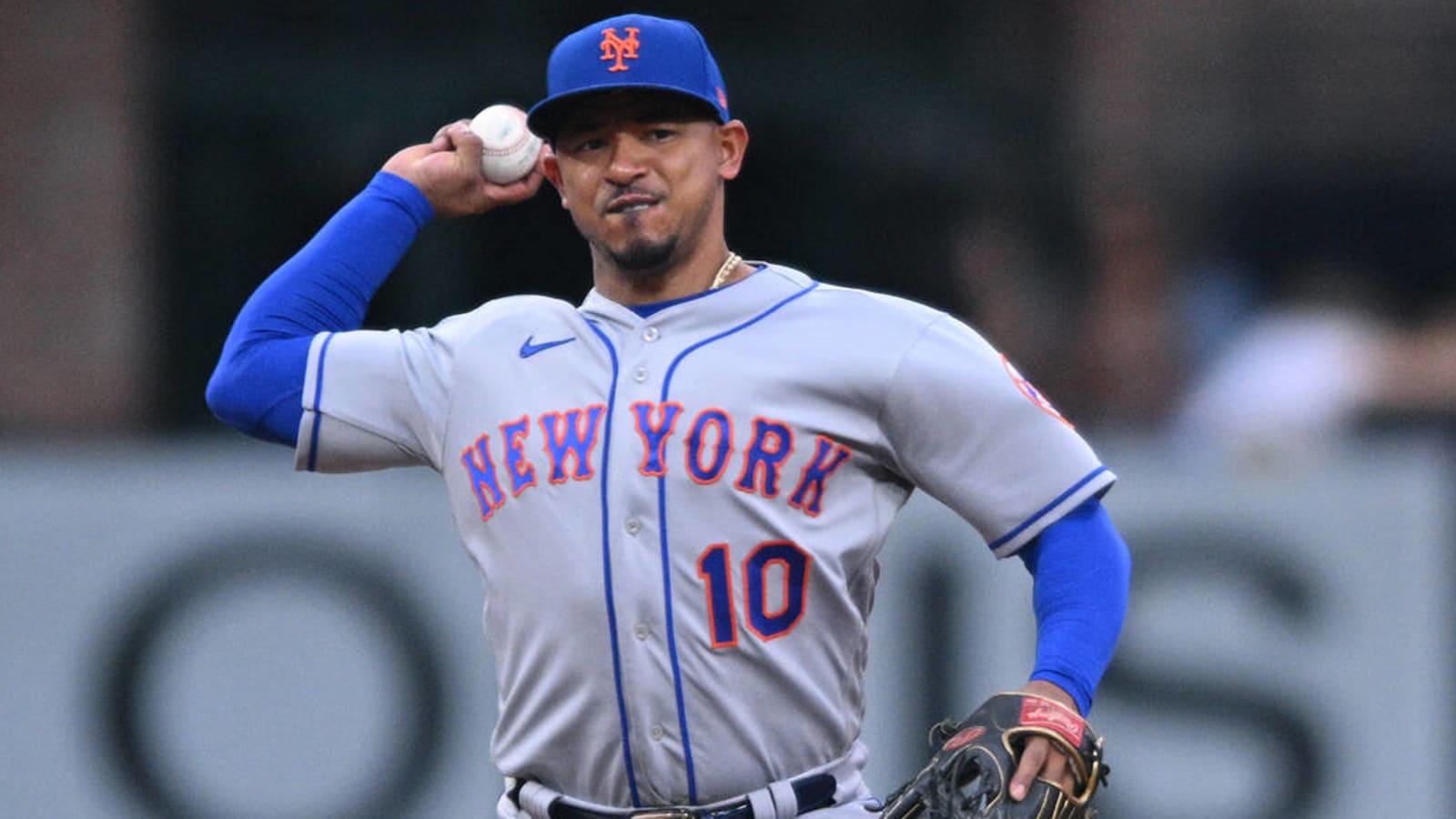 New York Mets Eduardo Escobar wears a New York Presbyterian