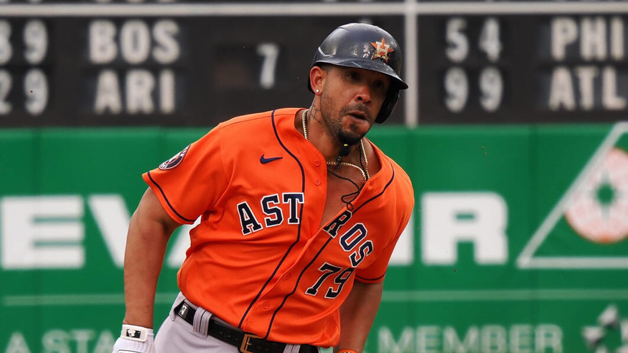 Houston Astros first baseman Jose Abreu (79) wipes sweat during the first  inning of a spring training game at The Ballpark of the Palm Beaches on  Saturday, Feb. 25, 2023 in West