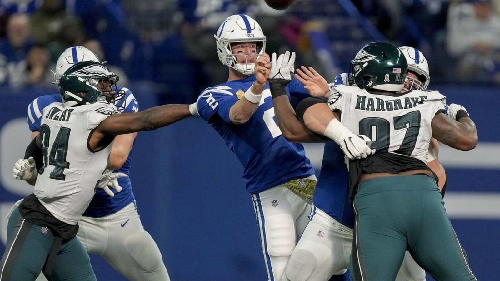 Eagles rebound to spoil Jeff Saturday&#39;s home debut with Colts