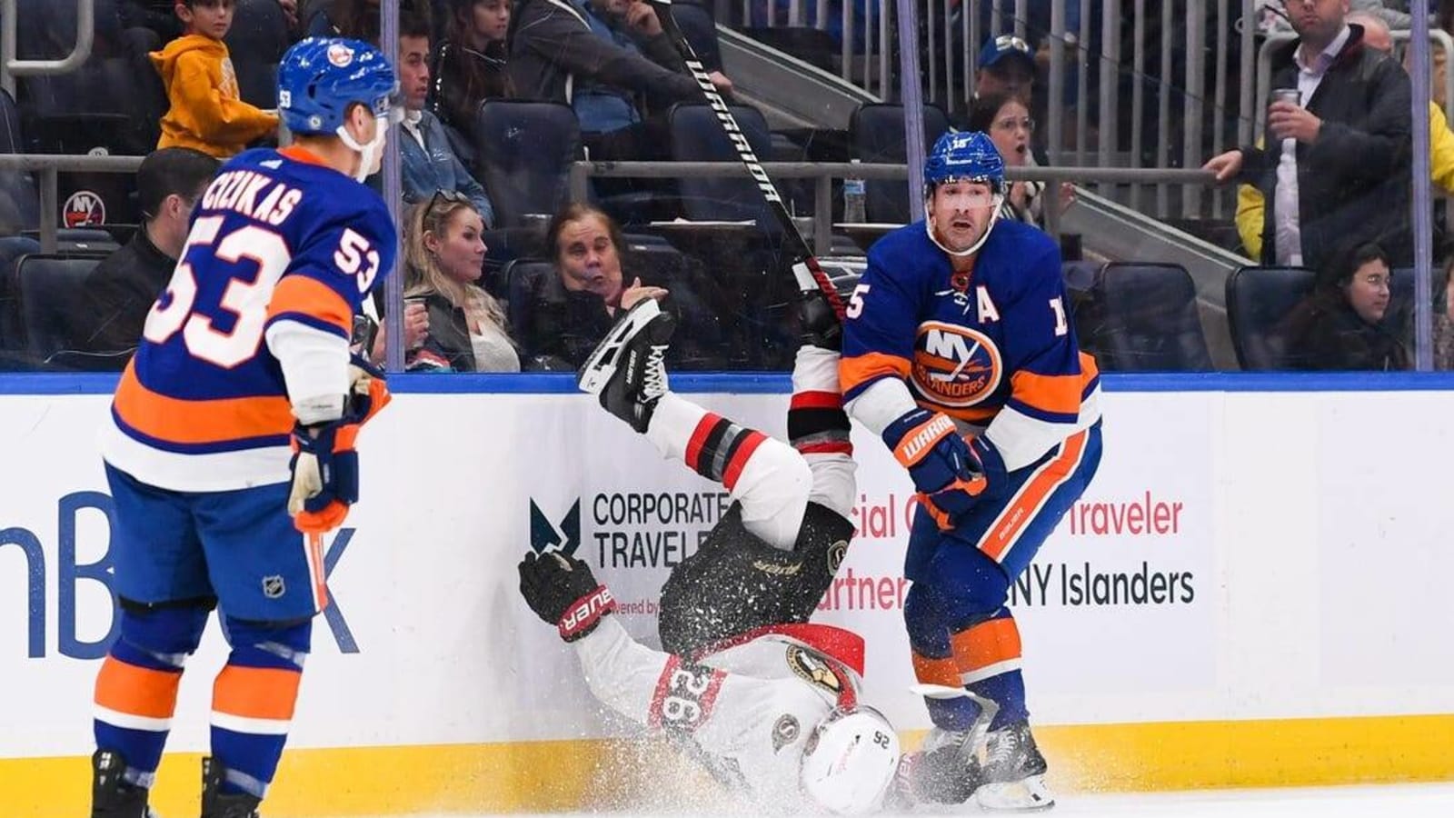 Islanders win after Sens&#39; Erik Brannstrom taken off on stretcher