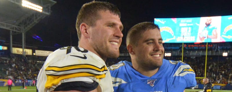 Pittsburgh Steelers fullback Derek Watt (44) is congratulated by linebacker  T.J. Watt (90) during the second half of an NFL football game against the  Buffalo Bills in Orchard Park, N.Y., Sunday, Sept.