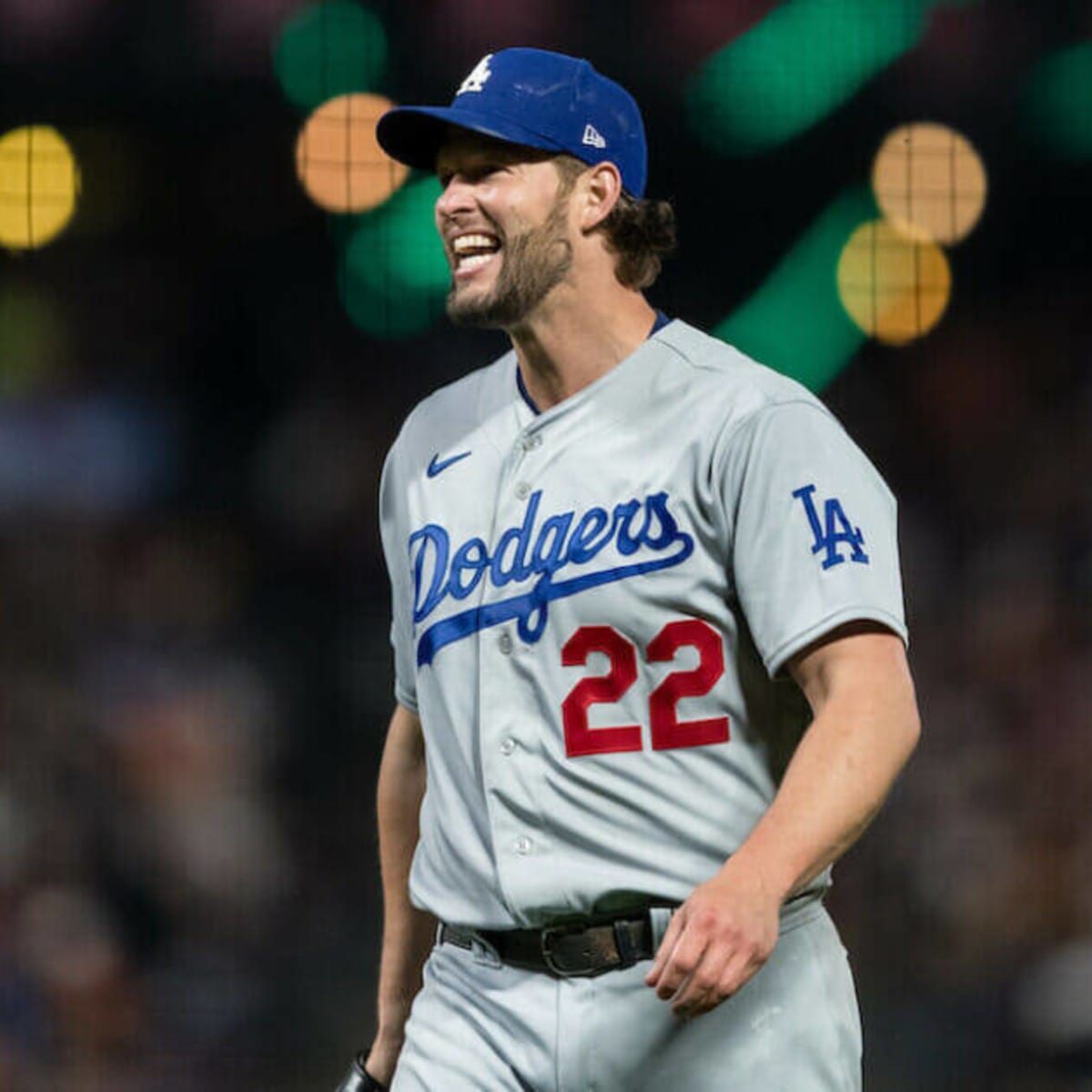 Los Angeles Dodgers starting pitcher Clayton Kershaw (22) reacts