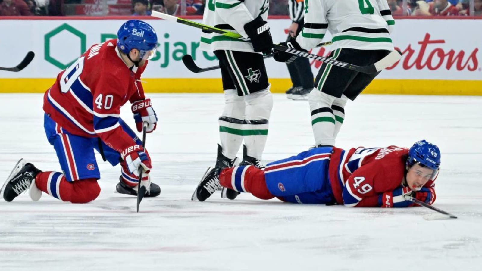 Montreal Canadiens forward Rafaël Harvey-Pinard exits Saturday’s game with lower-body injury