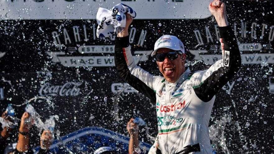 Austin Cindric and Trackhouse Racing give Brad Keselowski celebratory beer after Darlington win