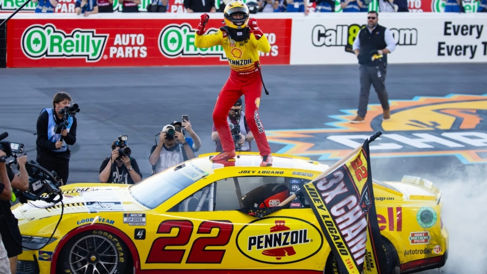 Ryan Blaney, Harrison Burton join Joey Logano on stage after NASCAR championship