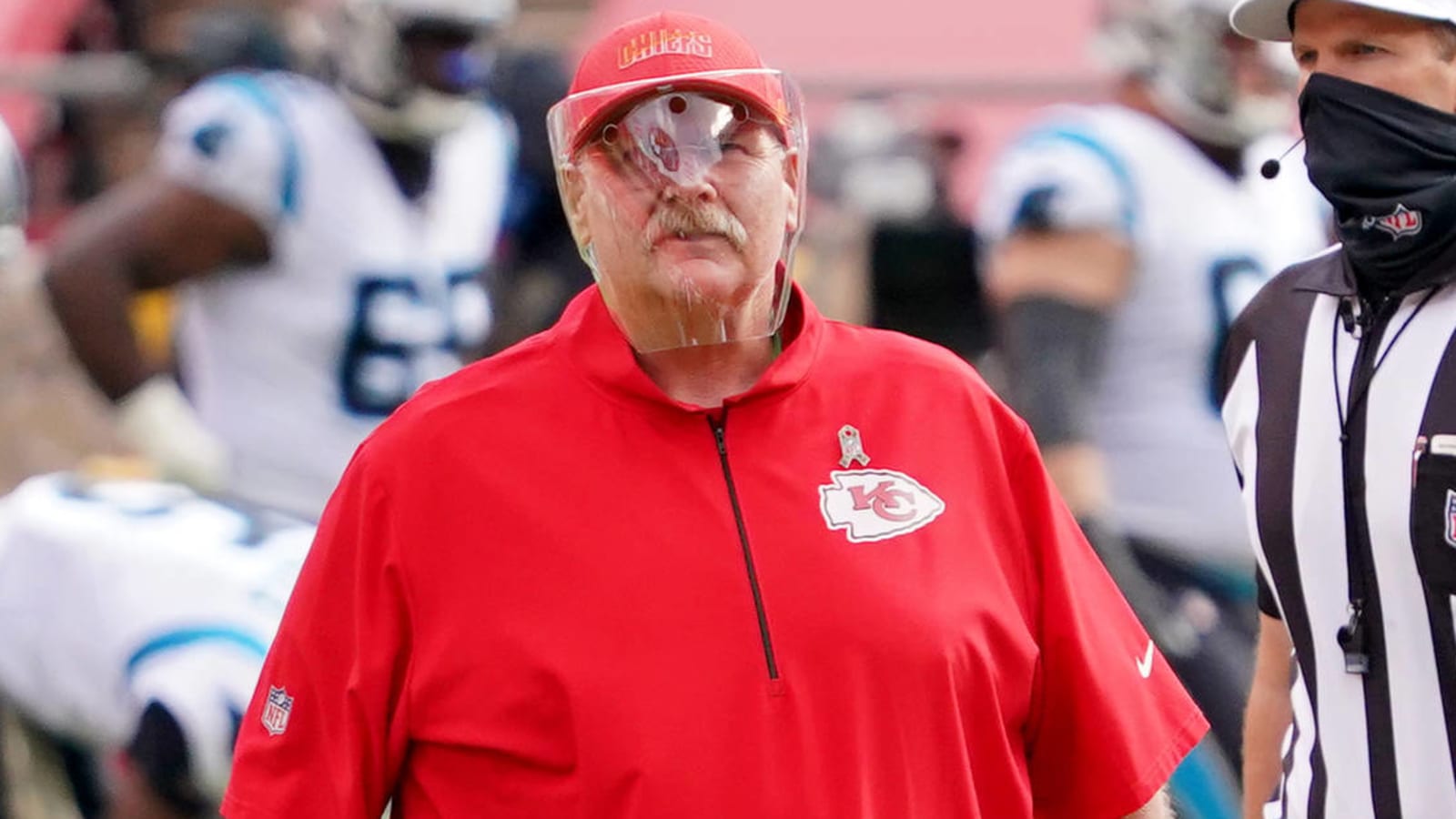 Andy Reid face shield, hat displayed in Hall of Fame