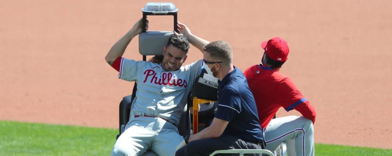 Watch: Phillies' Jose Alvarez carted off after taking line drive to groin 