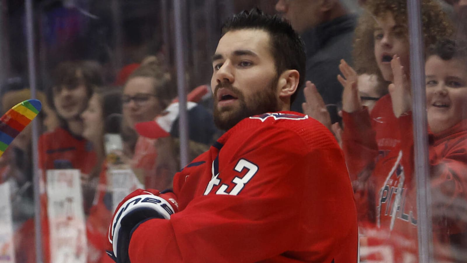 Washington Capitals right wing Tom Wilson sprays the crowd with a