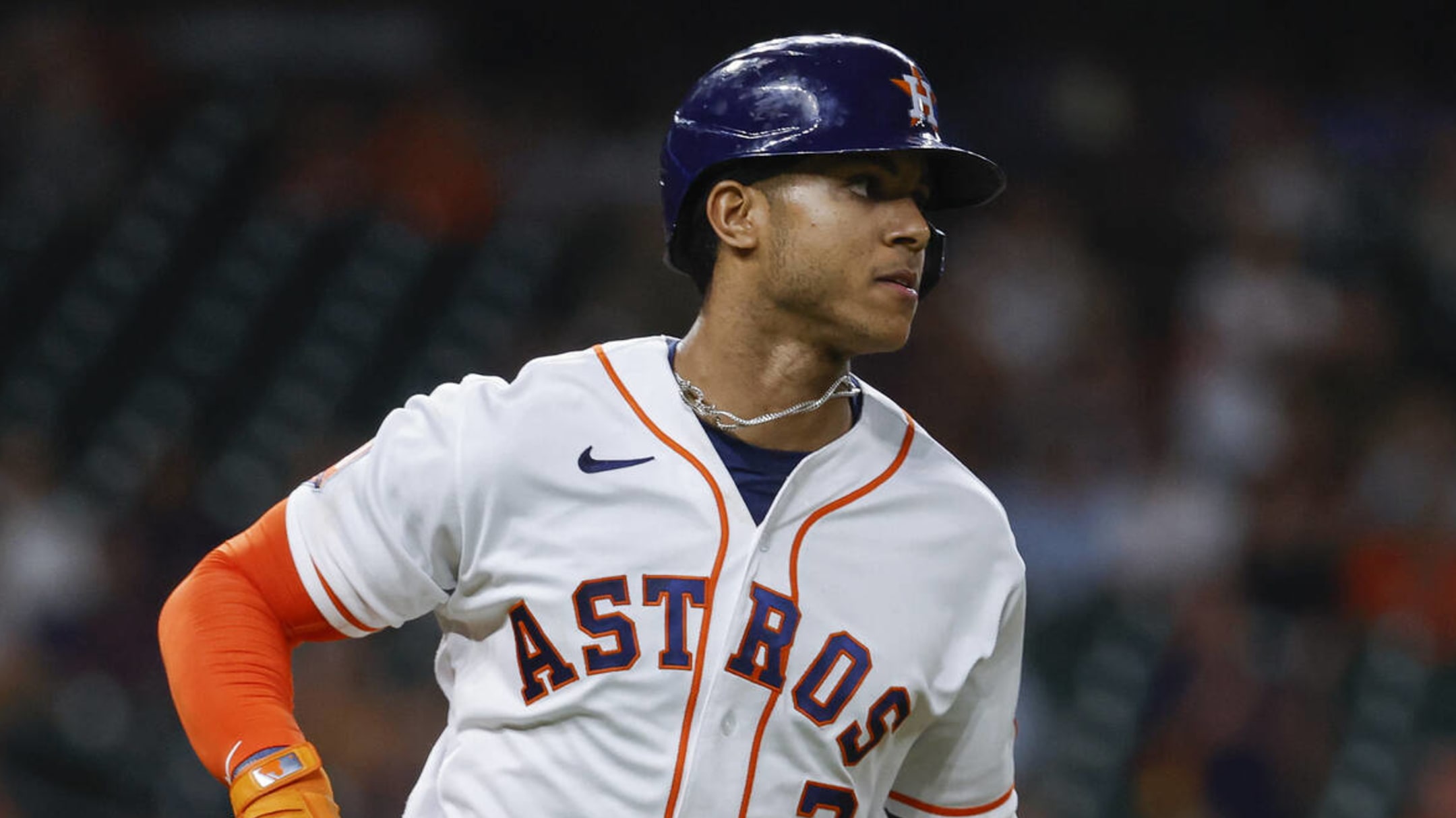 Astros SS Jeremy Pena is pictured smiling at something 2B Jose