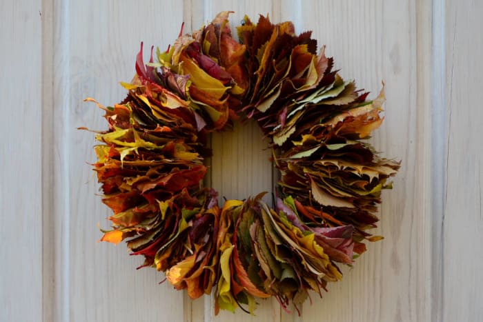 Make a wreath with colorful autumn leaves