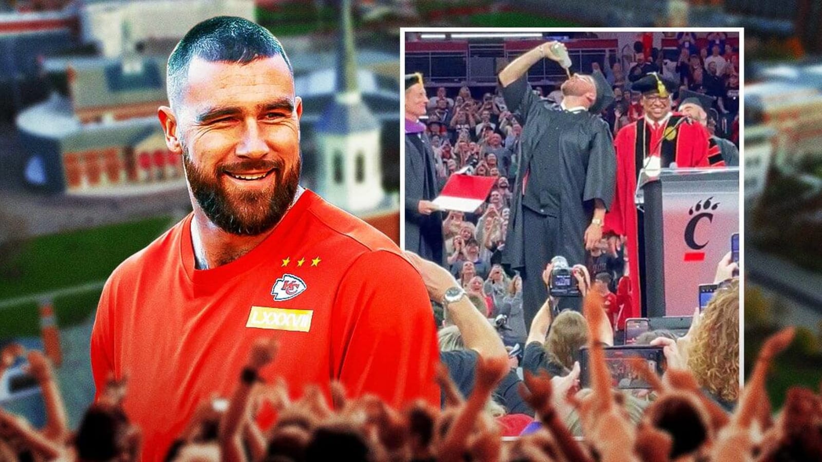 Chiefs Travis Kelce’s viral graduation ceremony beer chug has social media in a frenzy