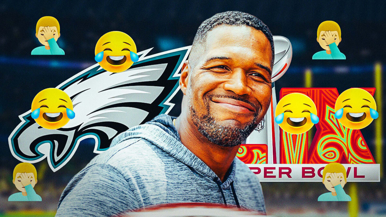 Michael Strahan roasts Eagles fan for spelling gaffe during Super Bowl pregame