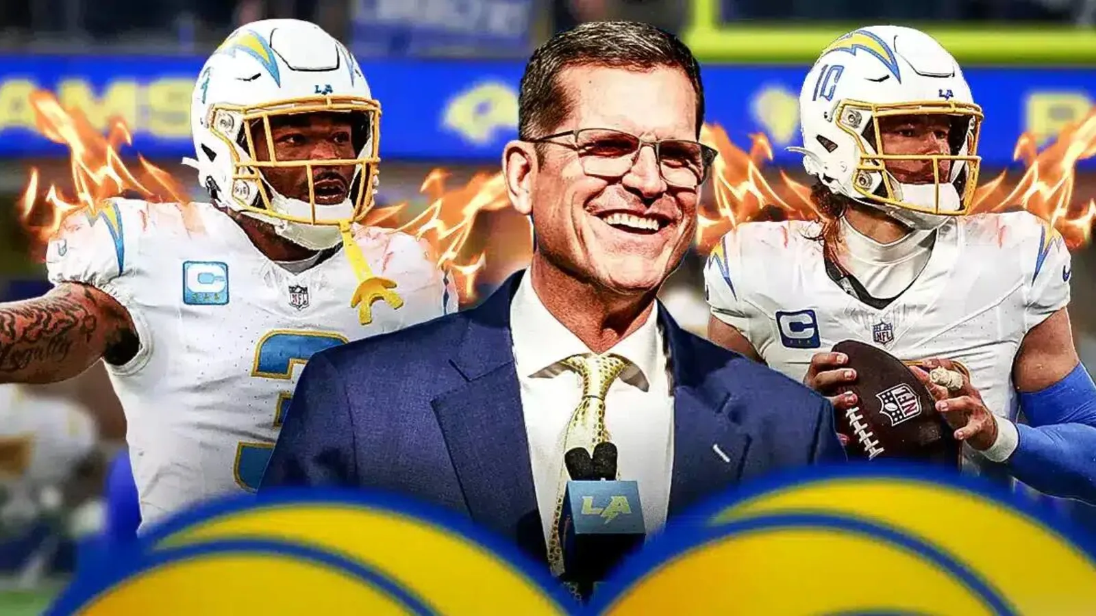 Chargers’ Jim Harbaugh hypes up Justin Herbert, Derwin James in opening press conference