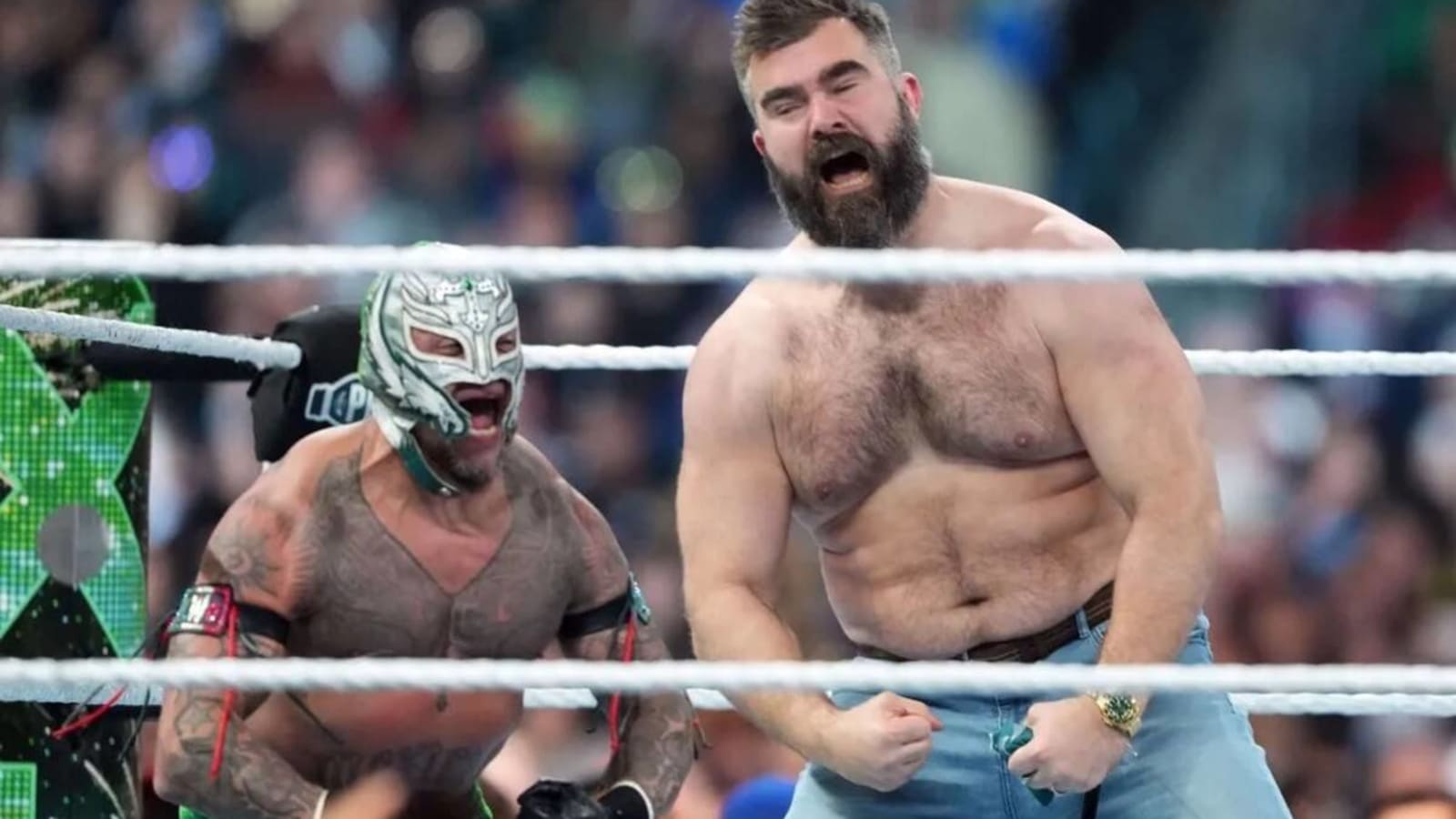 Lane Johnson and Jason Kelce just helped Rey Mysterio win a match at WrestleMania