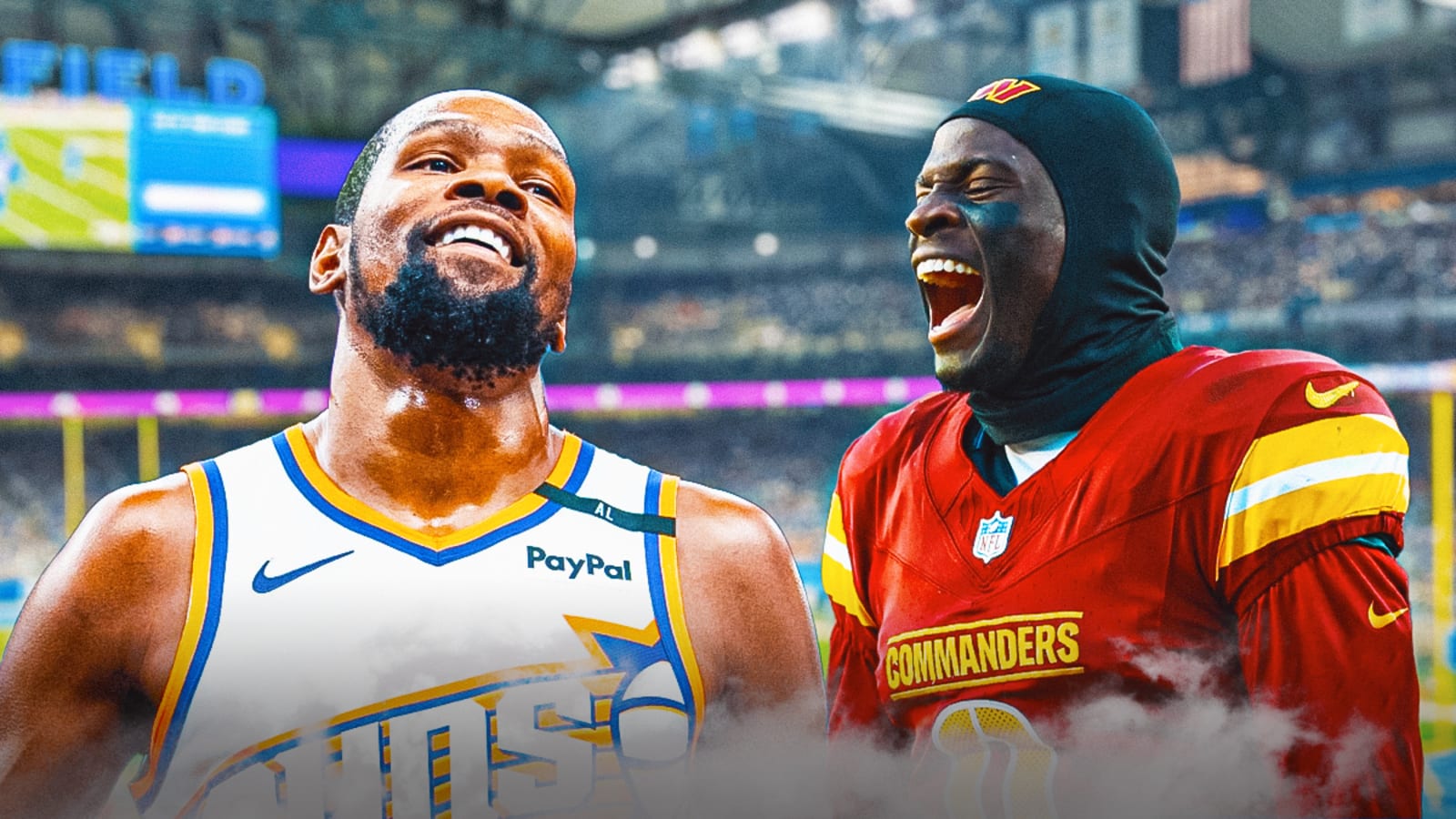 Commanders celebrate with Kevin Durant after upset win over Lions