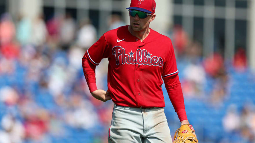 CLEARWATER, FL - March 12: Philadelphia Phillies infielder Alec Bohm (28)  at bat during the spring training game between the Toronto Blue Jays and  the Philadelphia Phillies on March 12, 2023 at