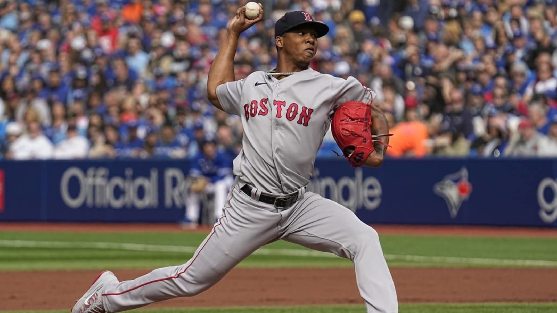 A view of the glove of Brayan Bello of the Boston Red Sox as he