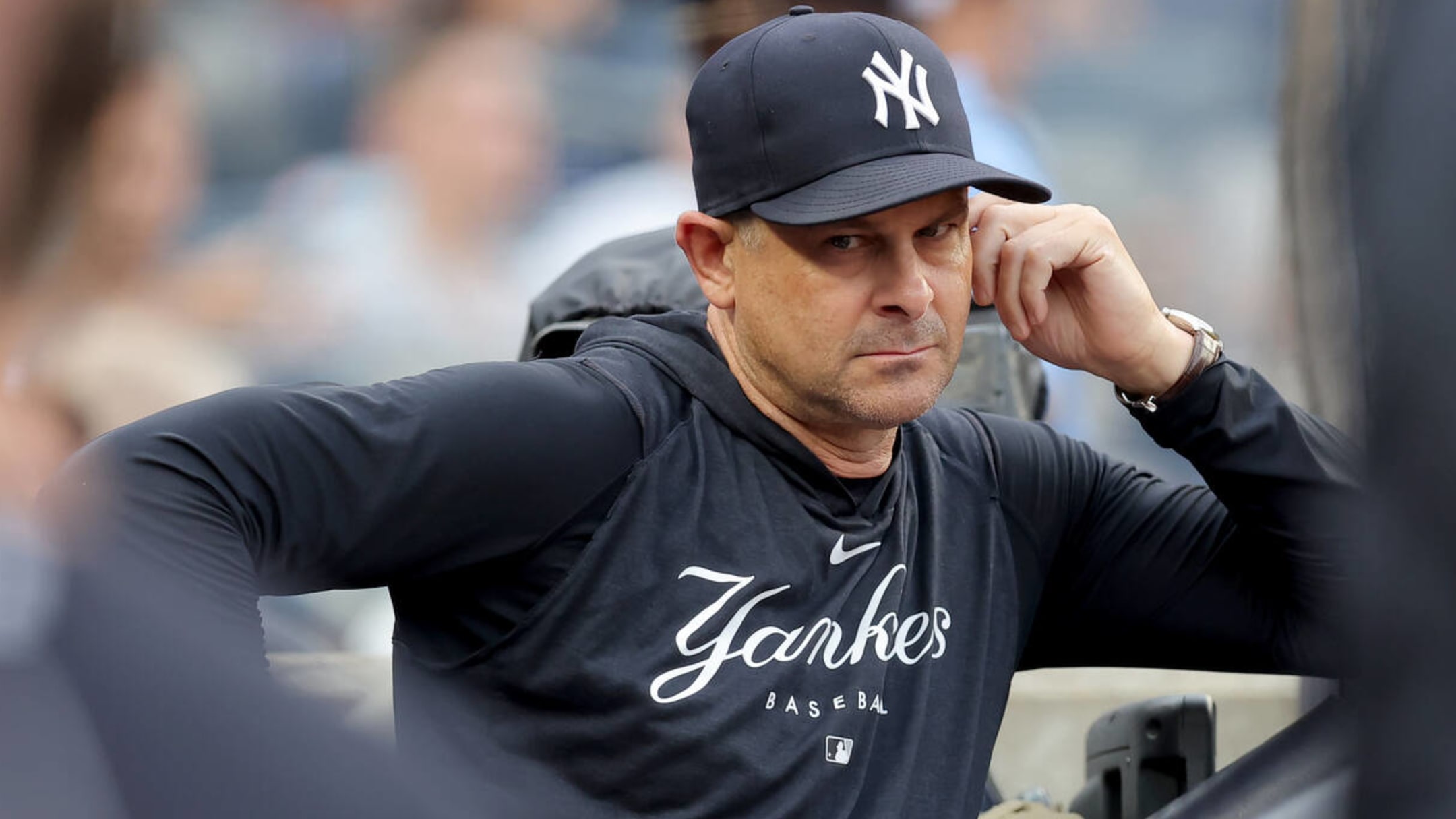 New York Yankees manager Aaron Boone imitates an umpire calling strike  three after arguing with home plate umpire Laz Diaz during the eighth  inning of a baseball game against the Chicago White