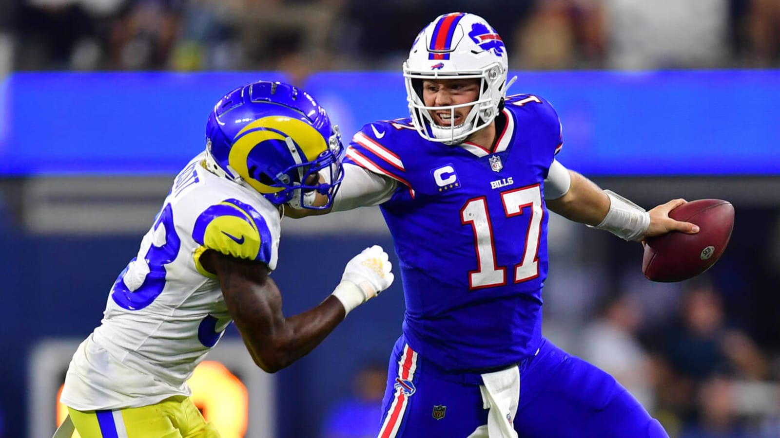 Josh Allen Delivers Vicious Stiff Arm On Rams Defender Yardbarker 