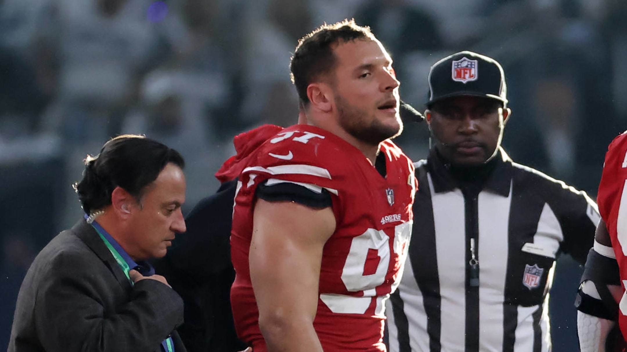 January 22, 2022: San Francisco 49ers defensive end Nick Bosa (97) during  the NFL divisional playoff football game between the San Francisco 49ers  and the Green Bay Packers at Lambeau Field in