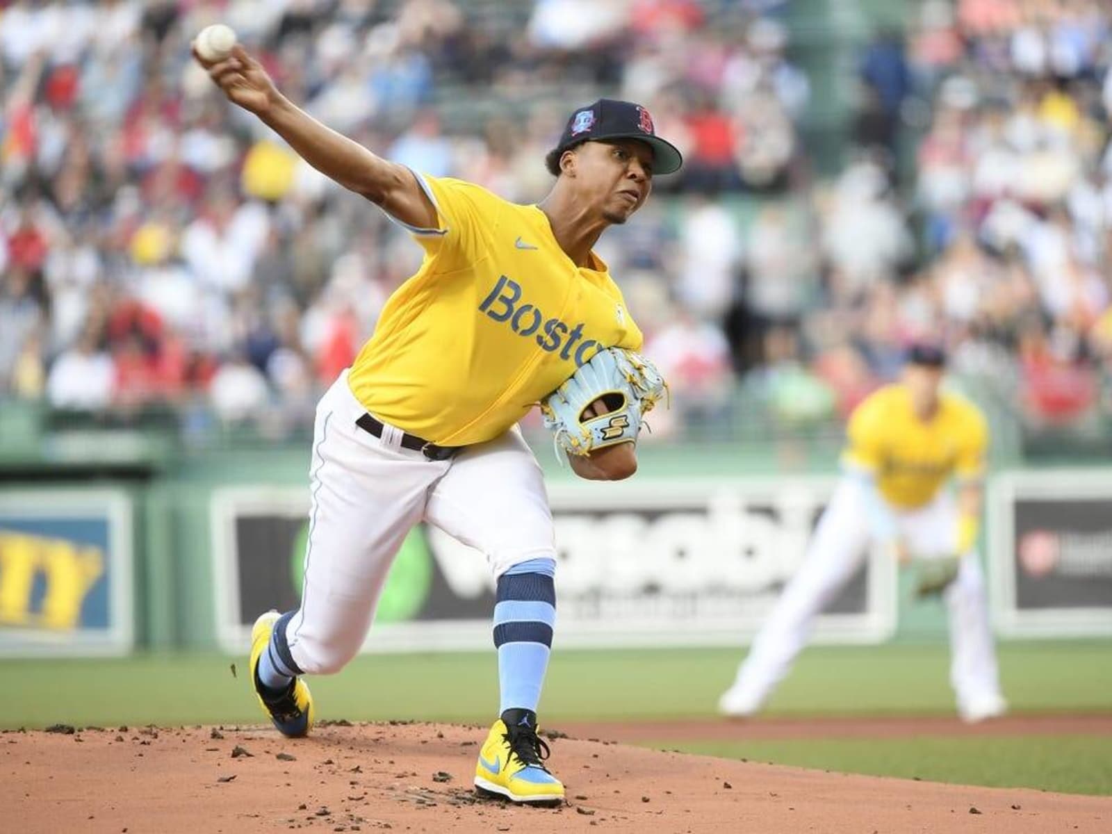 boston red sox wearing yellow and blue