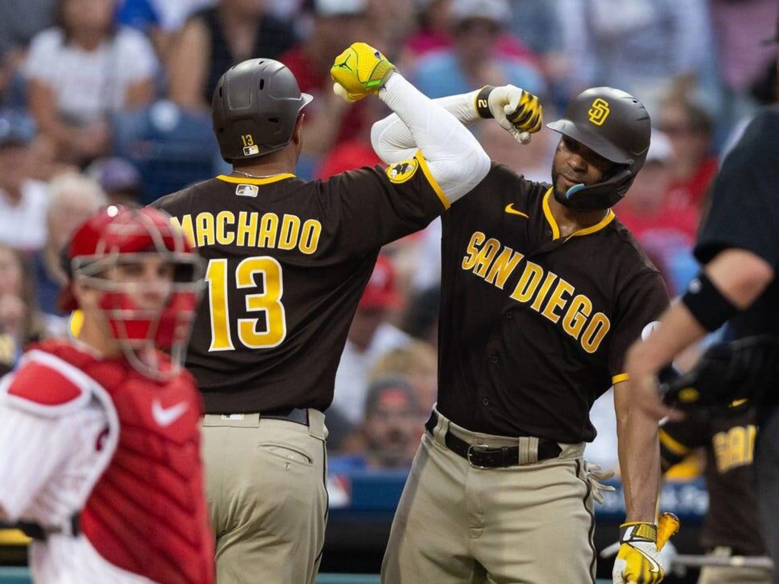 Gary Sanchez and Manny Machado of the San Diego Padres pose for a