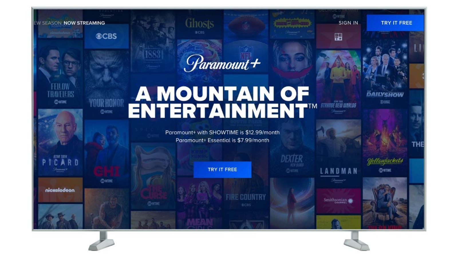 Paramount Plus interface on a gray flat screen TV against a white background