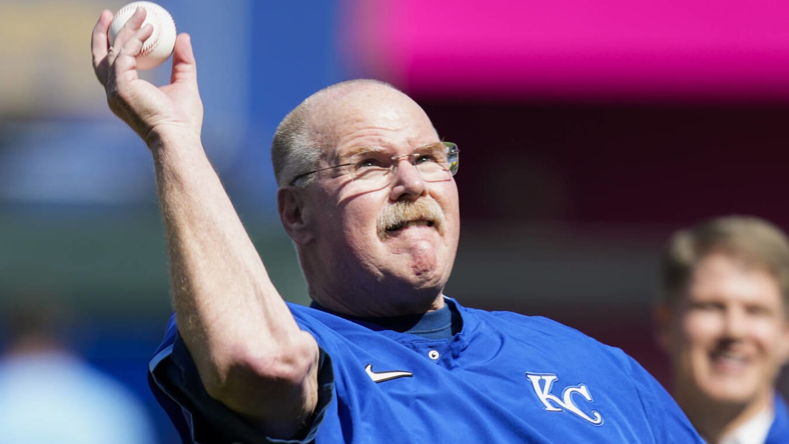 Kansas City Chiefs head coach Andy Reid throws ceremonial first pitch at Royals&#39; Opening Day game