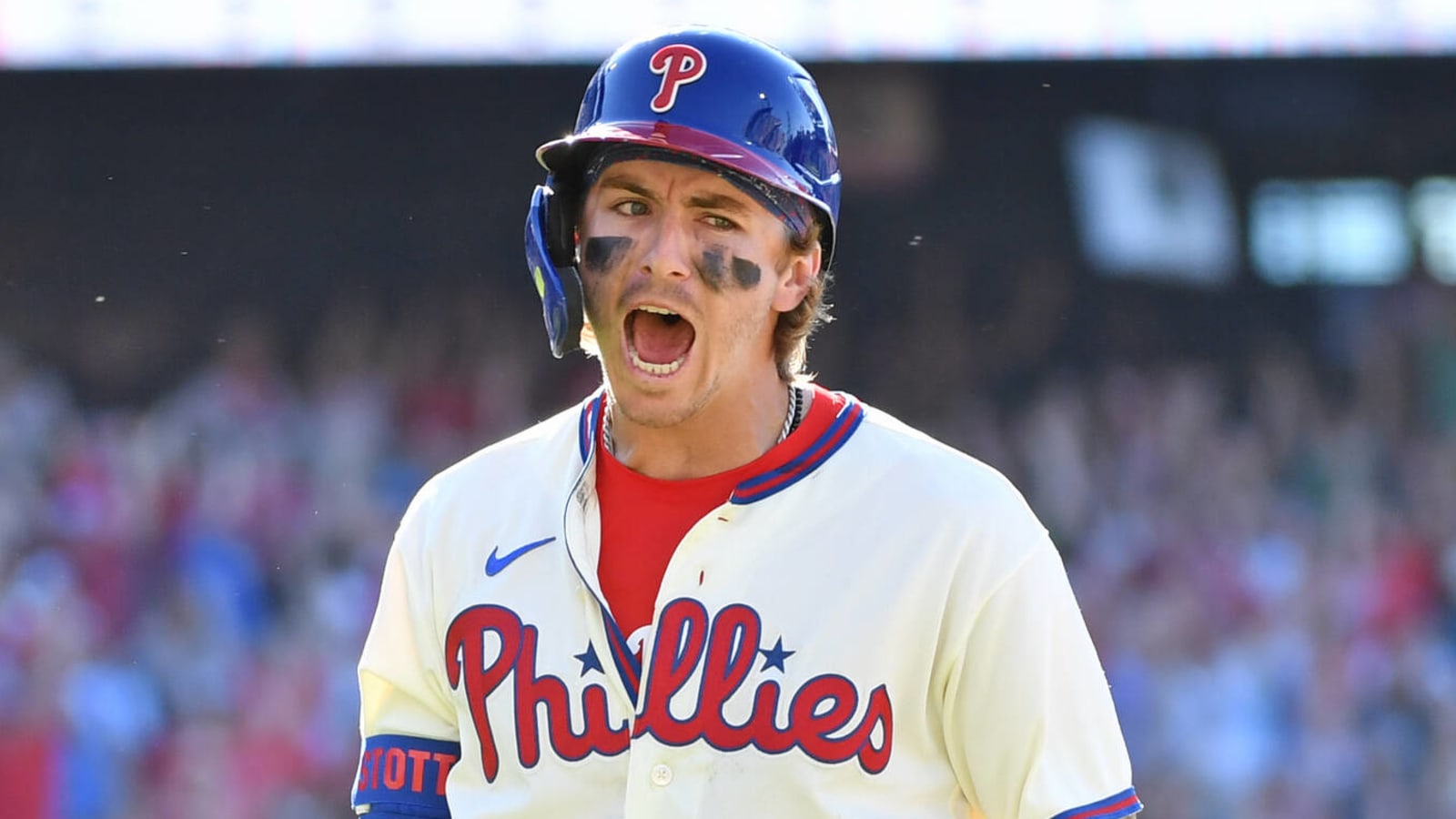 Philadelphia Phillies' Bryson Stott, center, celebrates his walkoff home  run with Bryce Harper, right, Alec Bohm, left, during the ninth inning of a  baseball game against the Los Angeles Angels, Sunday, June