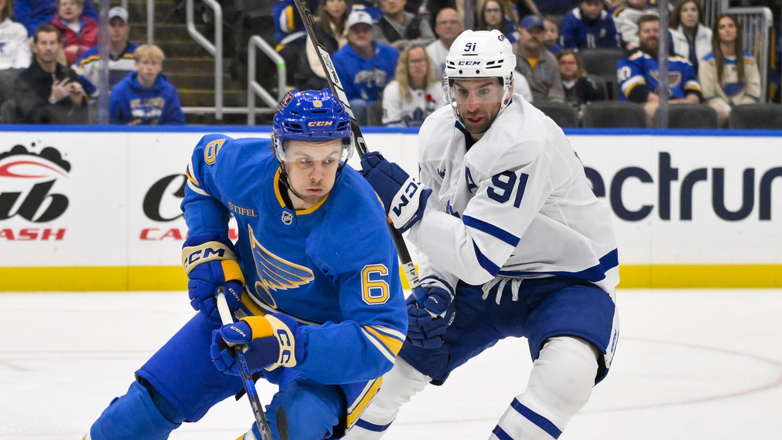 Blues' Philip Broberg leaves game vs. Maple Leafs with leg injury