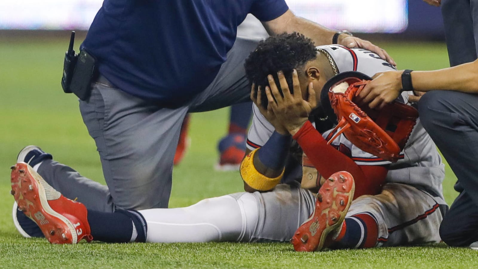 Ronald Acuna Jr. carted off field after suffering leg injury