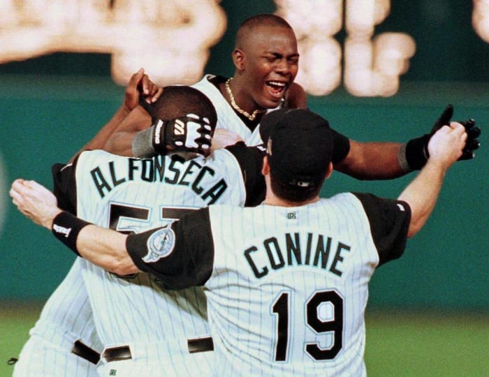 Red Sox Edgar Renteria hits a walkoff single which scored Bill News  Photo - Getty Images