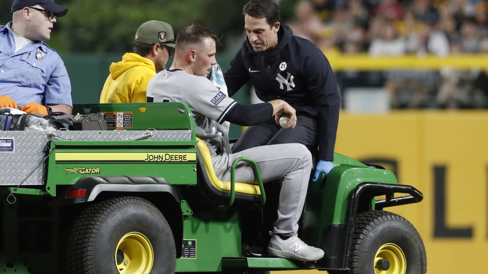 Yankees pitcher carted off after taking line drive to head
