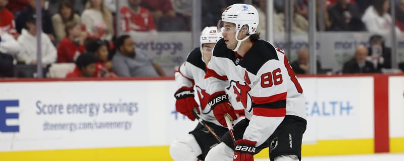 Jack Hughes pulverized by Michael Rasmussen while trying to stop empty-net goal (video)