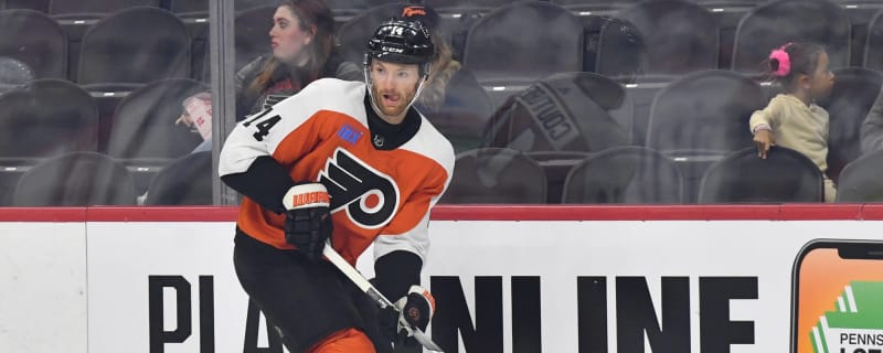 Philadelphia Flyers' Kevin Hayes, right, celebrates with Tanner Laczynski,  and Lukas Sedlak after scoring a goal during the third period of an NHL  hockey game against the New York Islanders, Tuesday, Nov.