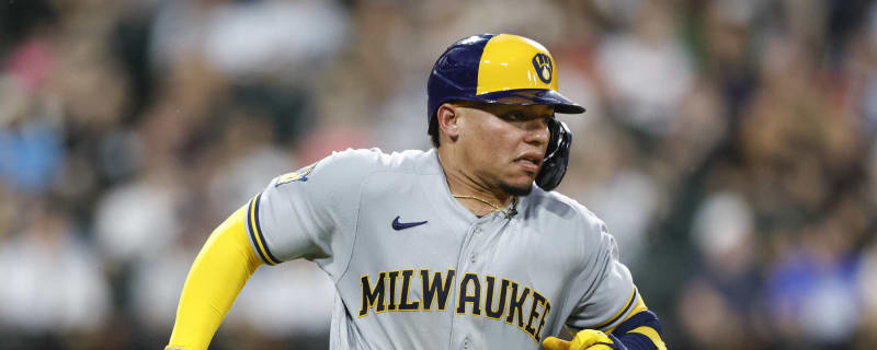 April 8, 2023: Milwaukee Brewers catcher William Contreras (24) hits a ball  during the game between the Milwaukee Brewers and the St. Louis Cardinals  at American Family Field on April 8, 2023