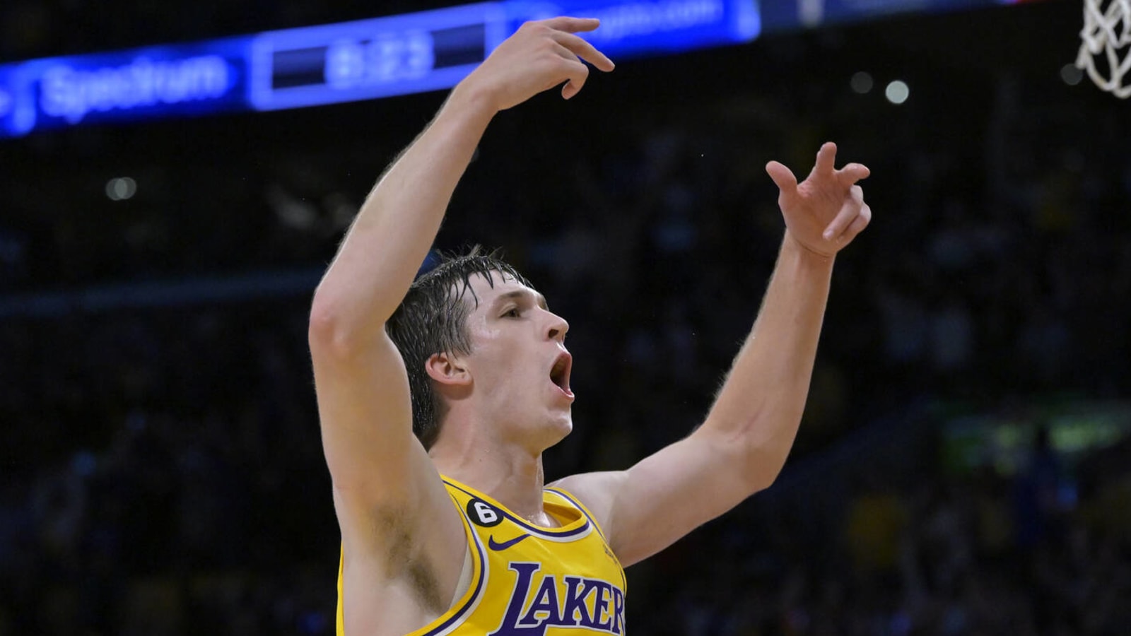 Watch: Lakers #39 Austin Reaves hits wild shot at halftime buzzer in Game