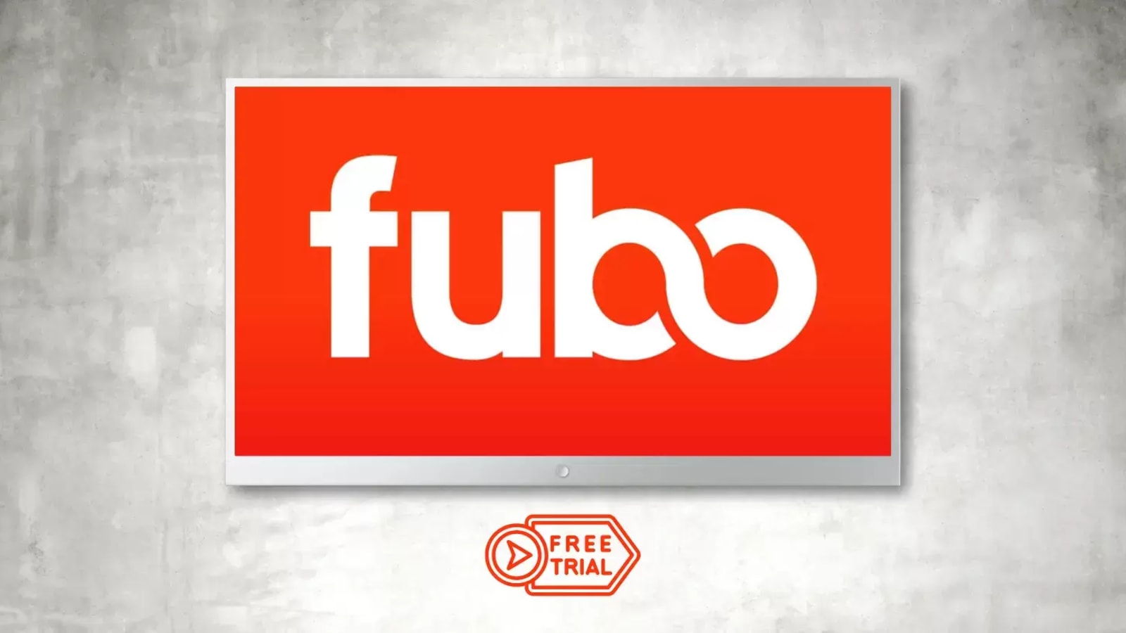 Fubo logo on flat screen TV with free trial underneath the logo against a gray background