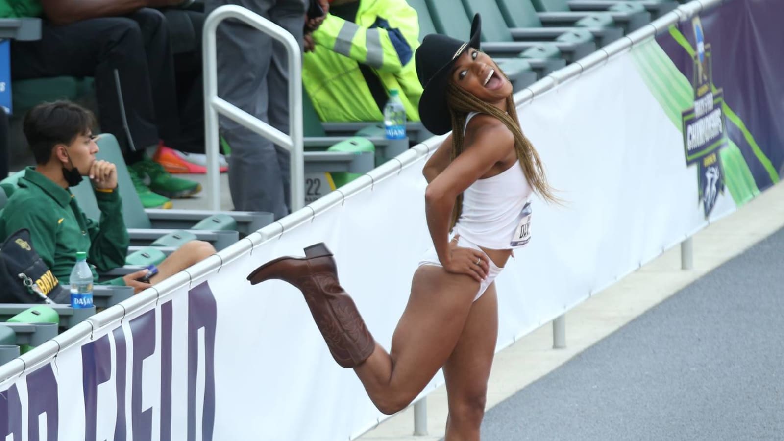 Look: Tara Davis wears cowboy boots and hat after winning long jump