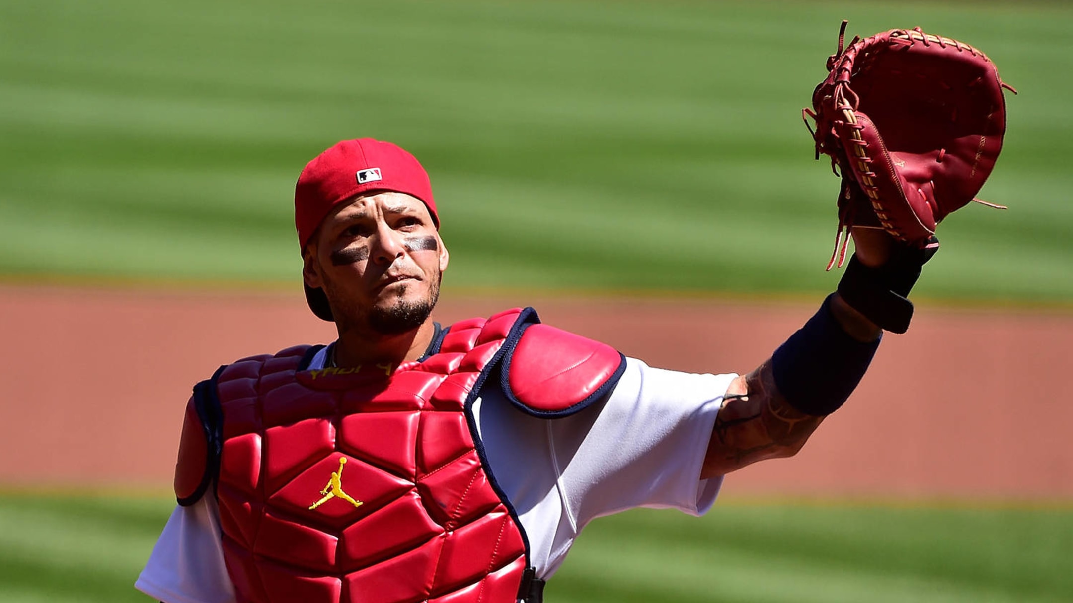 What Pros Wear: Yadier Molina's Jordan Mother's Day 2021 Catchers Gear (Chest  Protector, Shin Guards) - What Pros Wear