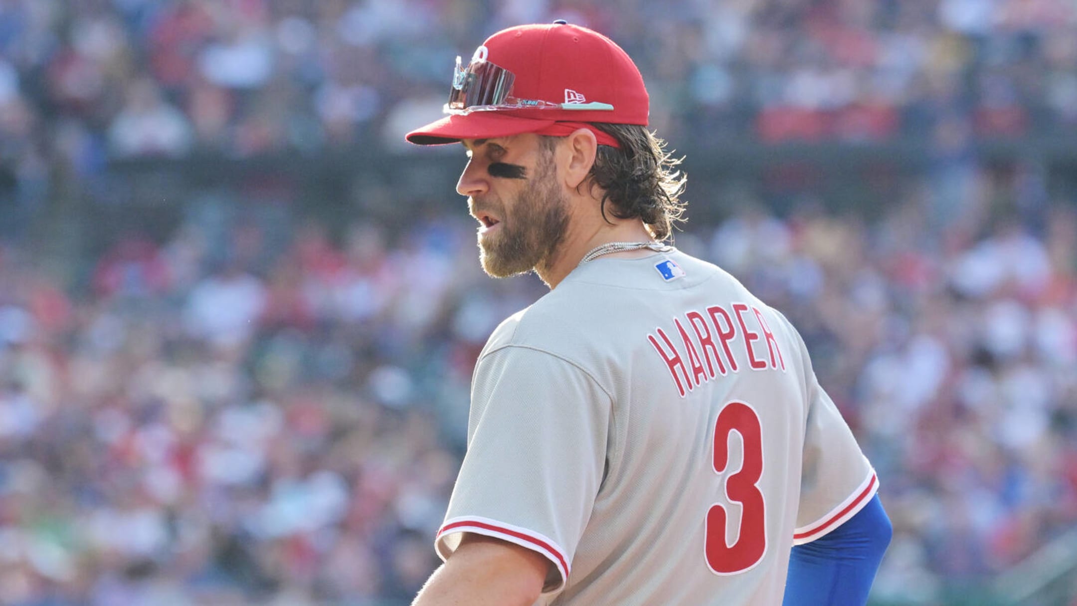 Bryce Harper of the Philadelphia Phillies stands at first base