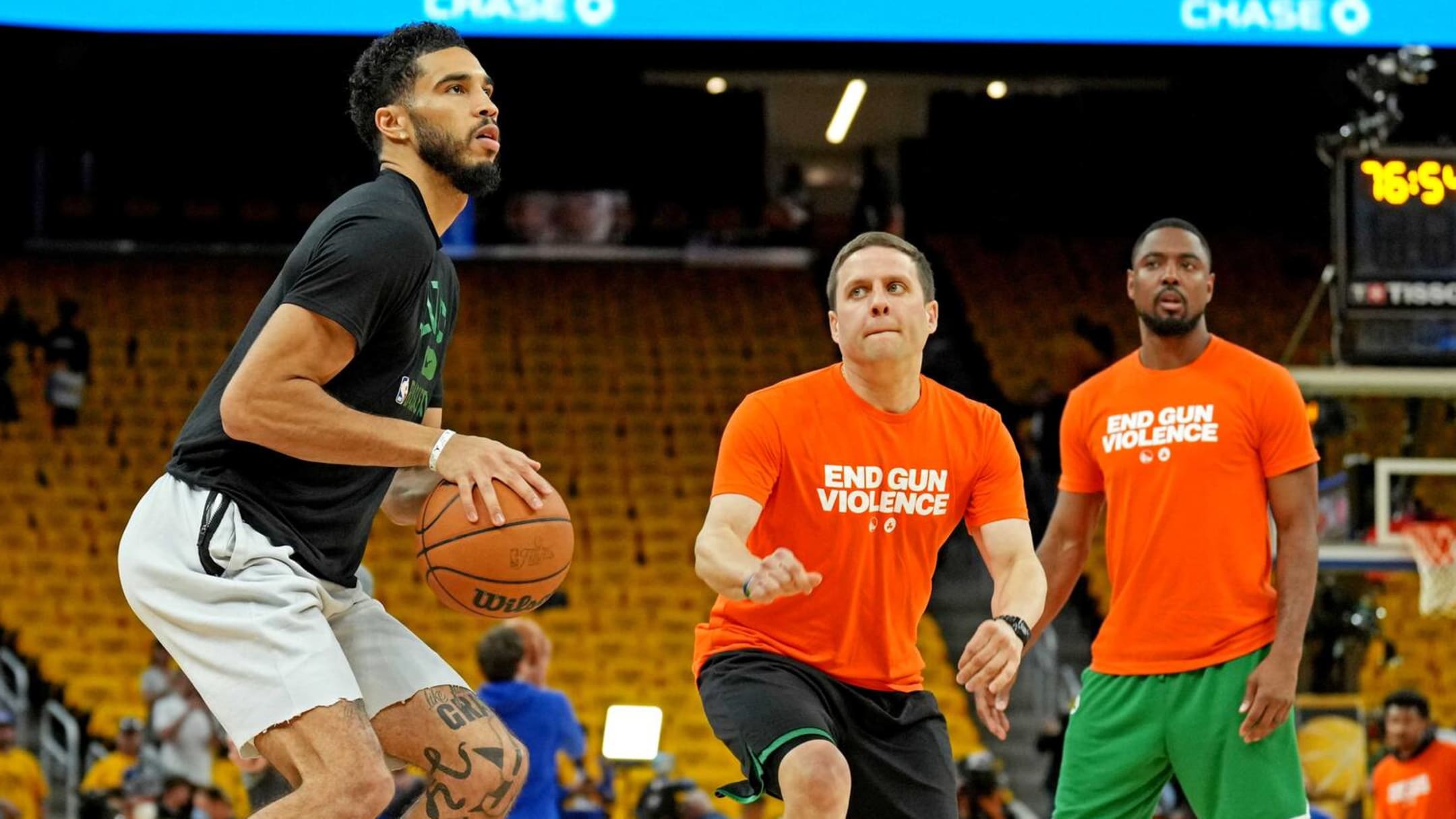 Warriors, Celtics wear 'End Gun Violence' shirts before NBA Finals game