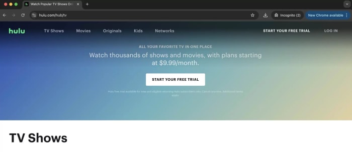 Screenshot Of The Main Hulu Sign-up Page